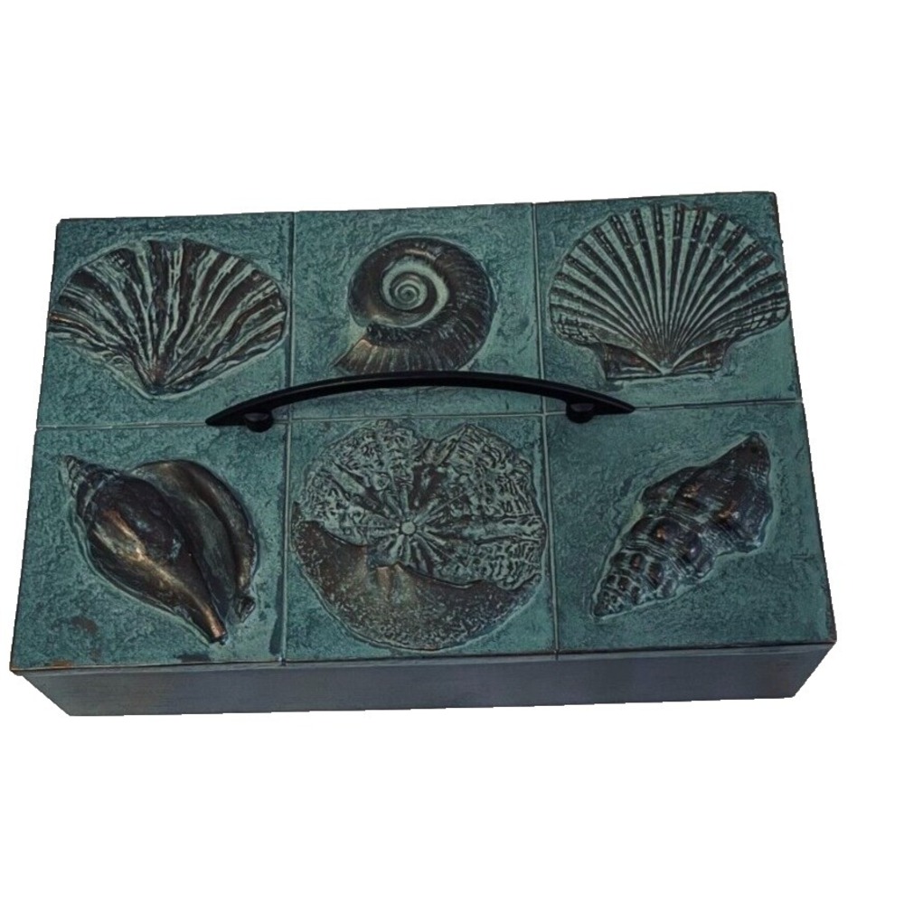 Beach Winter Blue Rectangular Decorative Bamboo Box Shells on Handmade lid 9x 6"